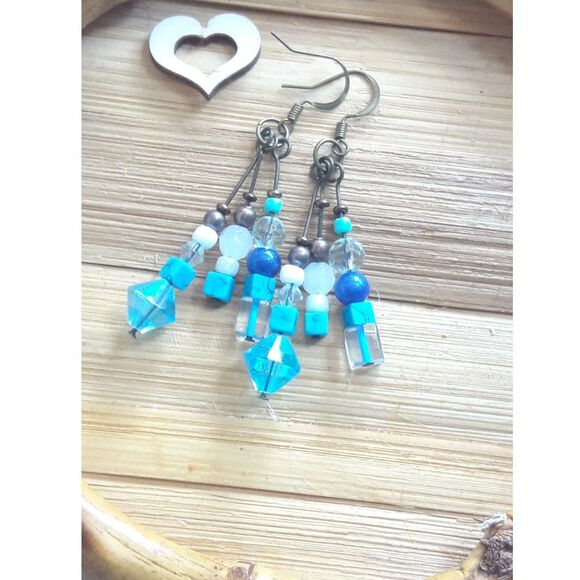boho earrings 366#mfs Howlite gemstone earrings cubes & druks on fringe dangle e - Picture 2 of 4